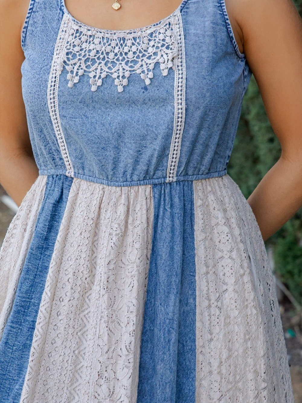 "The Rosina" Vintage-Inspired Denim and Cream Lace Maxi Dress - Picture 4 of 7